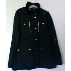 Michael Kors Womens PM Hooded Navy Jacket Coat Gold Accents‎ Military Look